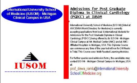 Admissions for Post Graduate Diploma in Clinical Cardiology (PGDCC) at IUSOM - Michigan Clinical Campus in USA
