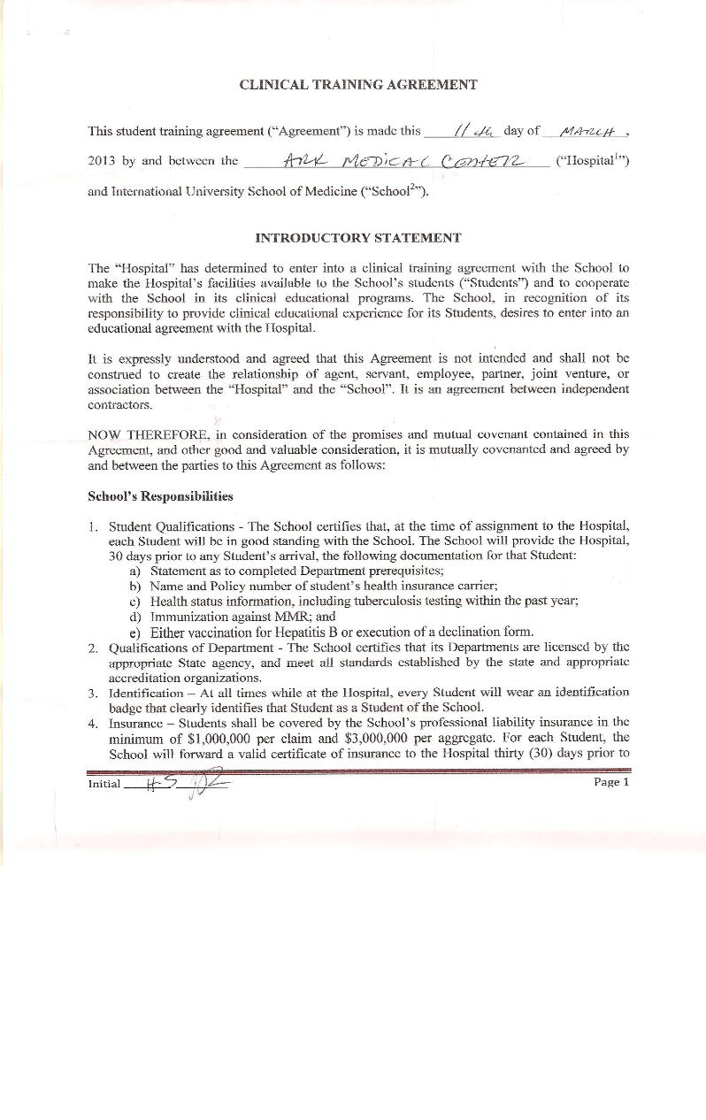 Clinical Training Agreement between IUSOM & Ark Medical Center-Page 1