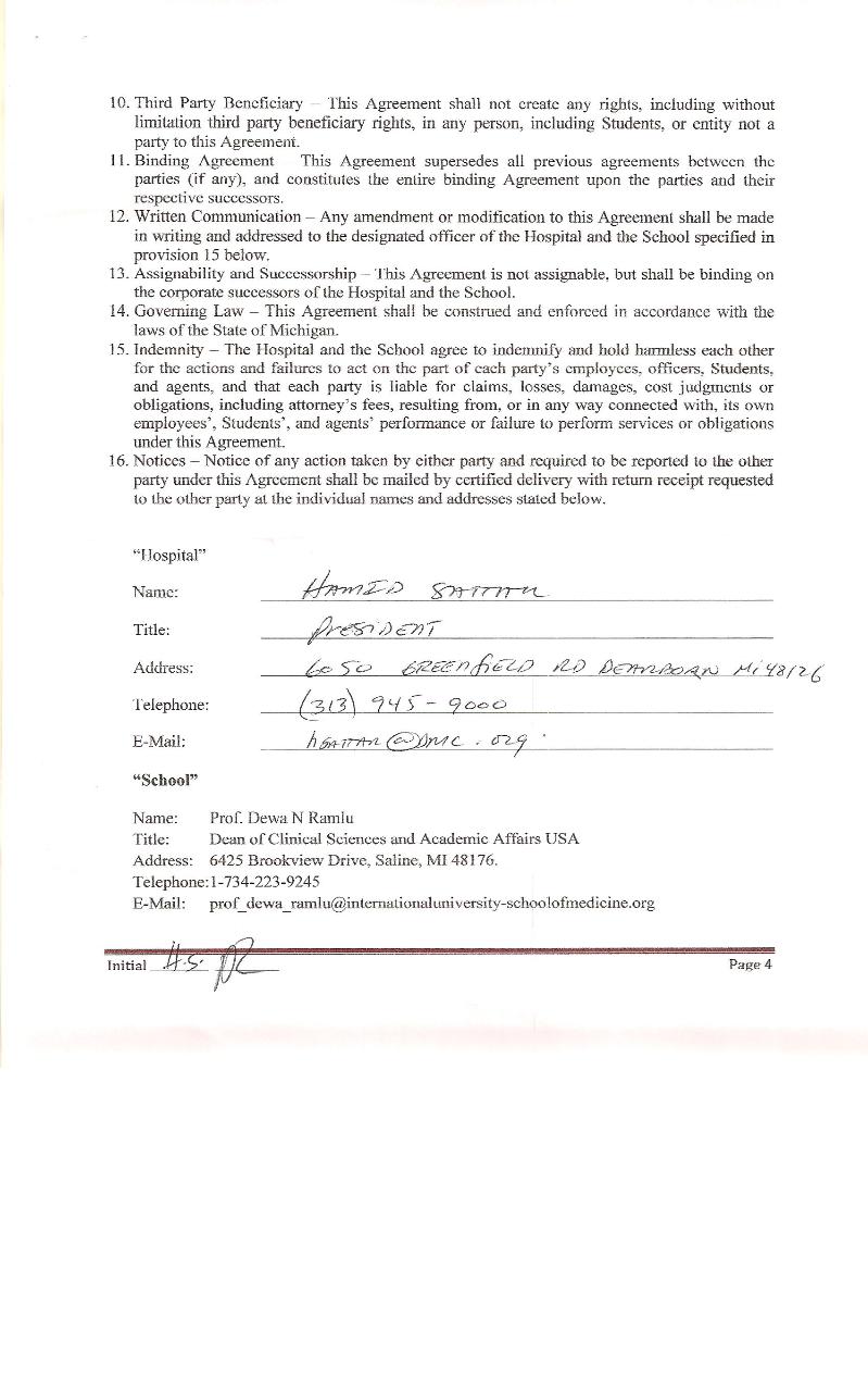 Clinical Training Agreement between IUSOM & Ark Medical Center-Page 4