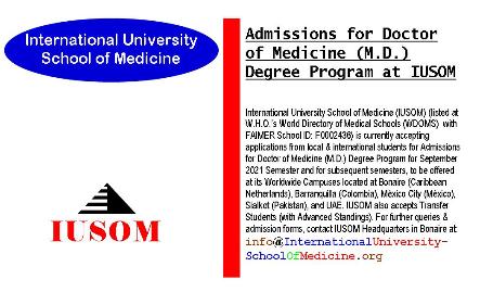 Admissions for Doctor of Medicine (M.D.) Degree Program at IUSOM Worldwide Campuses